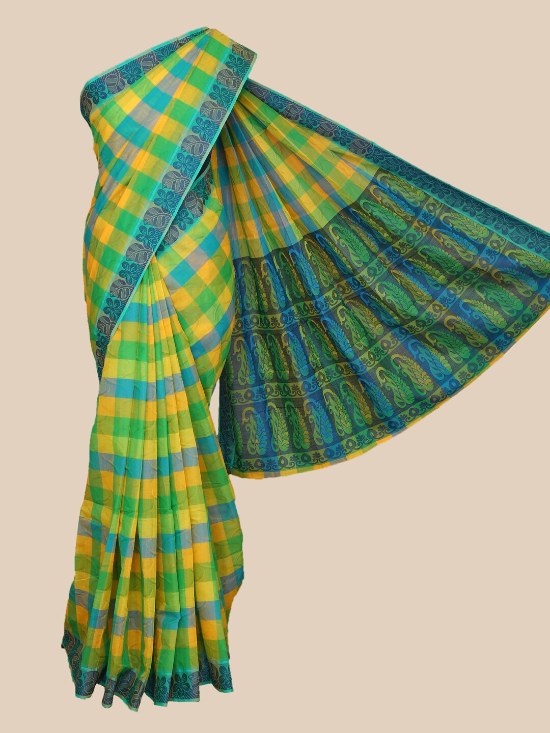 

The Chennai Silks Green & Yellow Checked Pure Cotton Kovai Saree