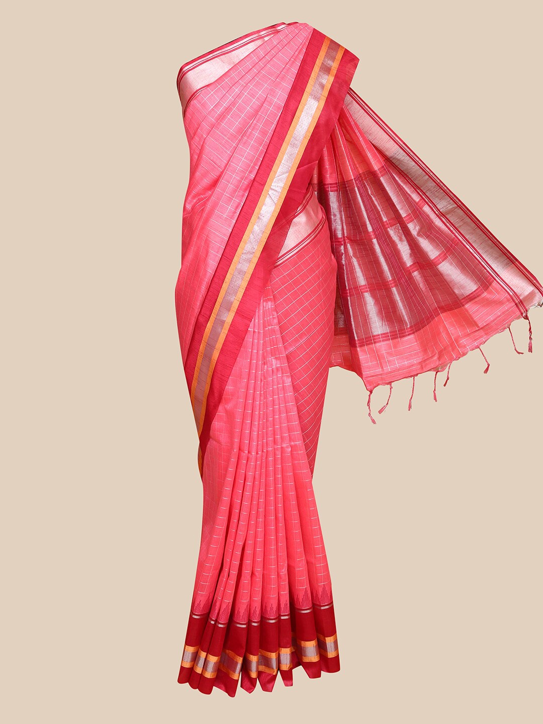 

The Chennai Silks Pink & Red Checked Zari Chanderi Saree