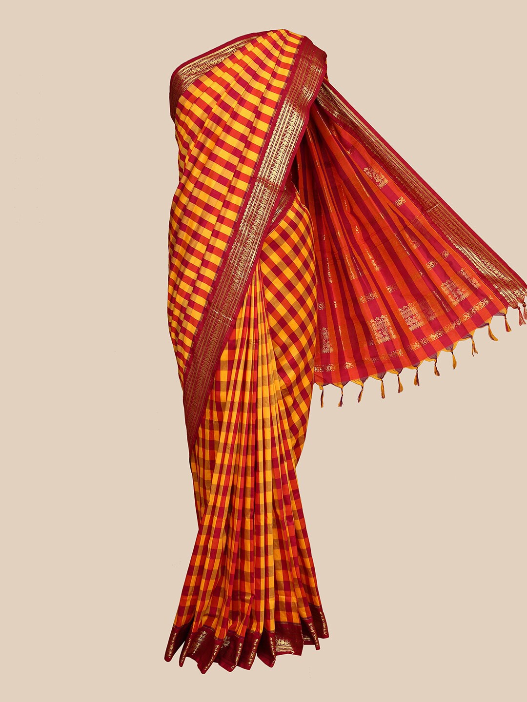 

The Chennai Silks Red & Yellow Checked Zari Border Saree