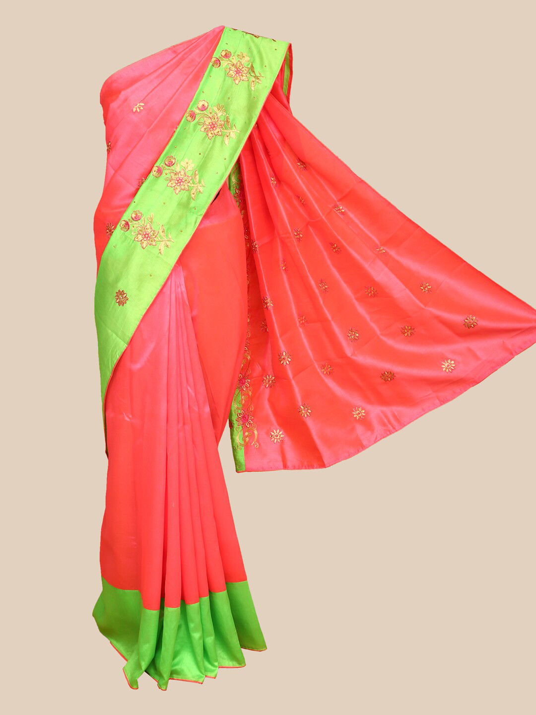 

The Chennai Silks Pink & Green Floral Beads & Stones Dupion Silk Heavy Work Banarasi Saree