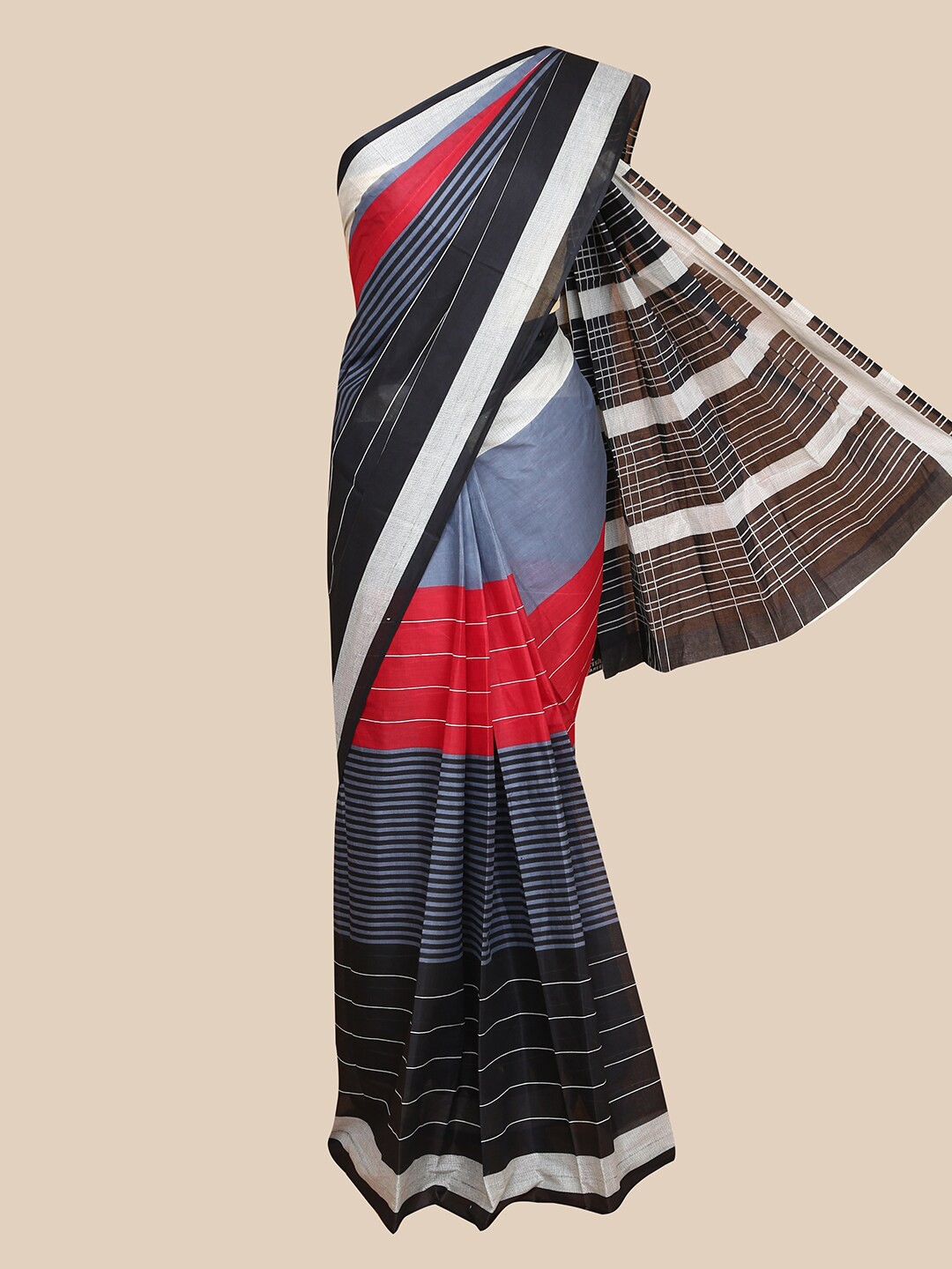 

The Chennai Silks Grey & Black Striped Pure Cotton Fusion Saree