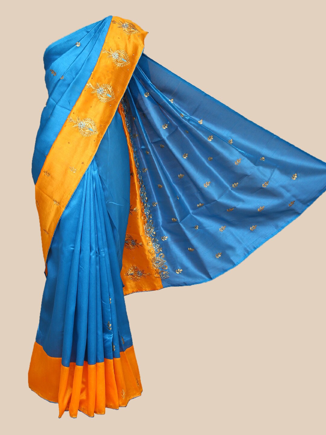 

The Chennai Silks Blue & Orange Ethnic Motifs Beads & Stones Dupion Silk Banarasi Saree