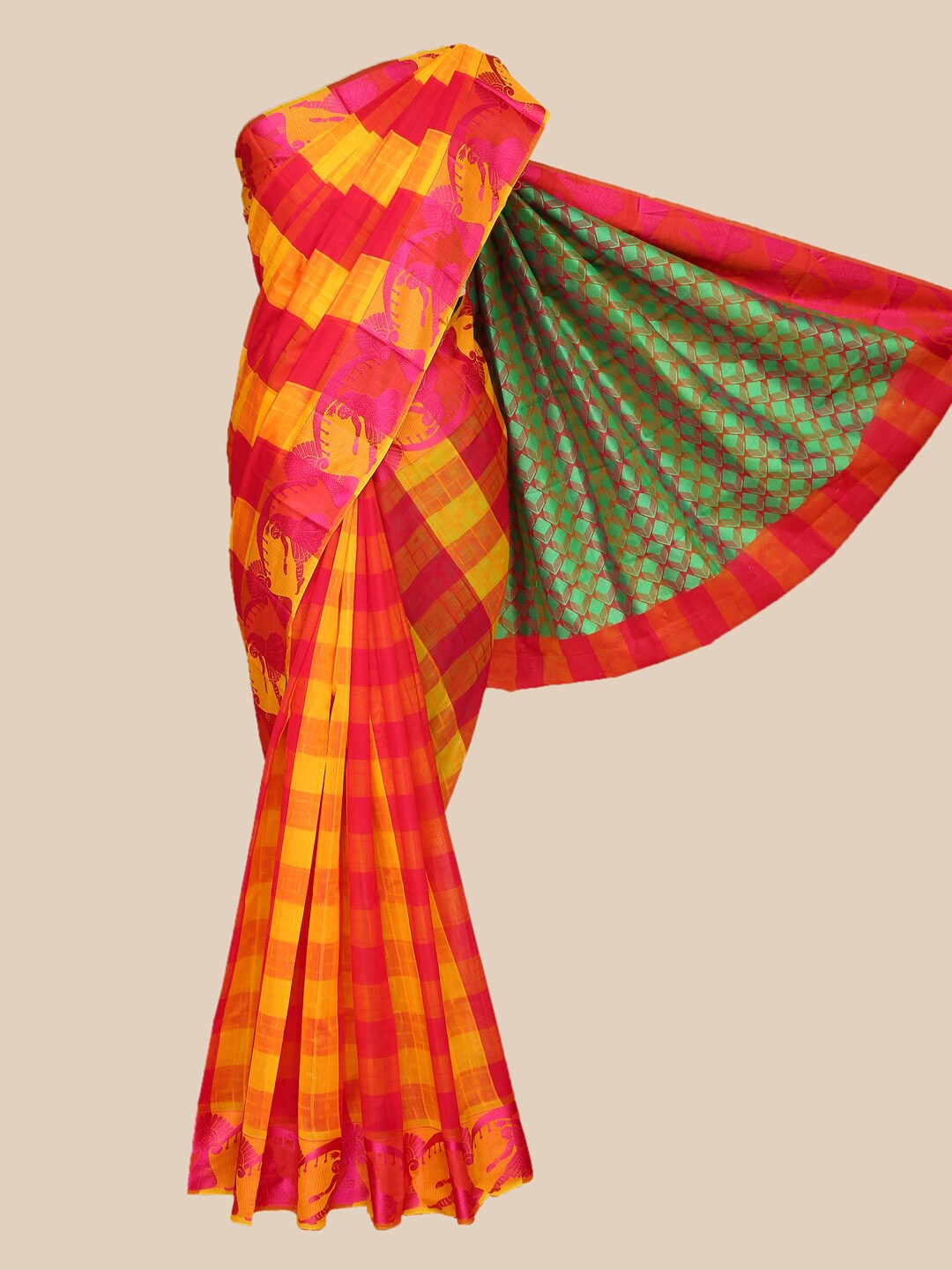 

The Chennai Silks Red & Yellow Checked Saree