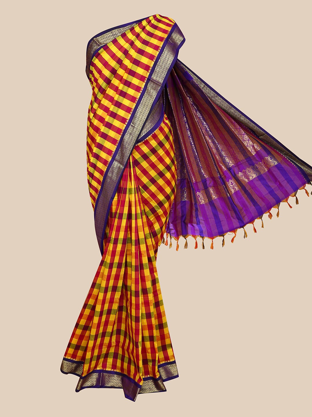 

The Chennai Silks Yellow & Maroon Checked Zari Border Saree