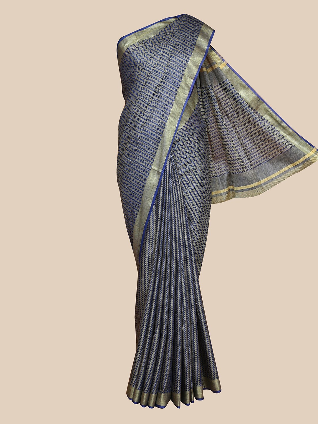 

The Chennai Silks Navy Blue & Grey Woven Design Jute Cotton Fusion Saree