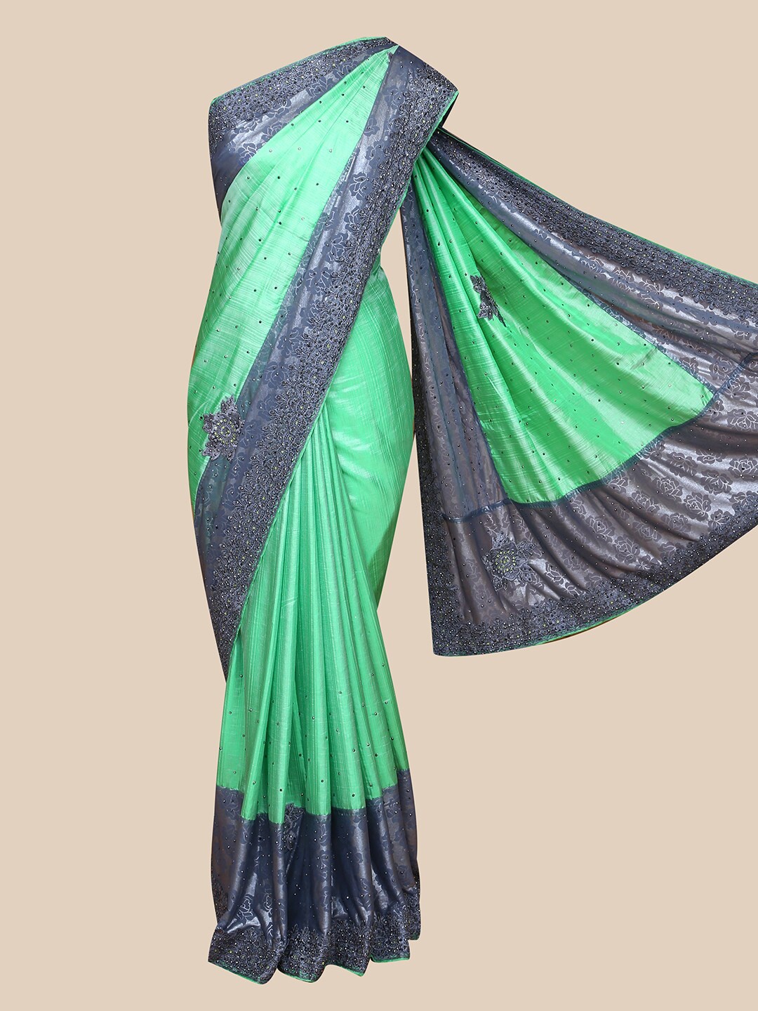 

The Chennai Silks Green & Grey Embellished Heavy Work Saree