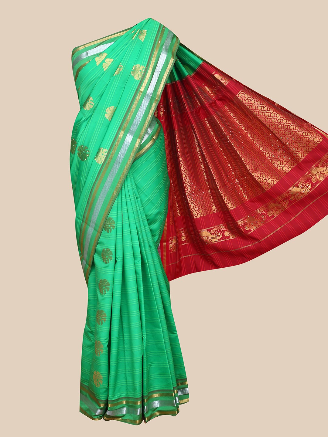 

The Chennai Silks Green & Gold-Toned Floral Zari Art Silk Saree