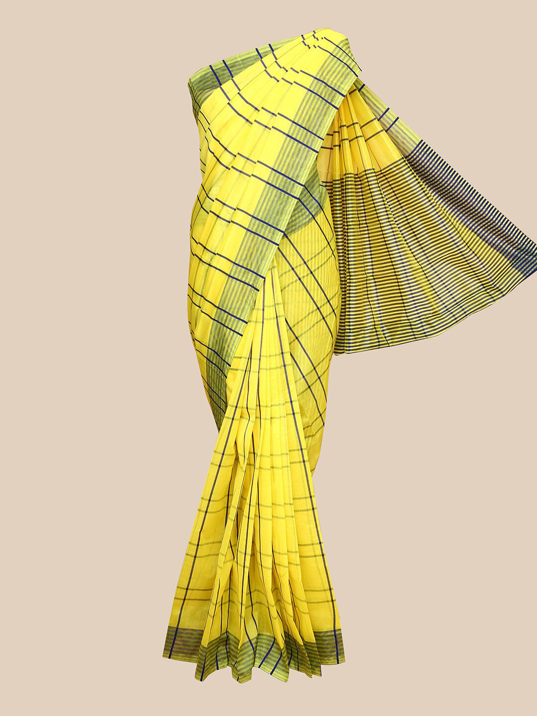 

The Chennai Silks Yellow & Blue Striped Silk Cotton Maheshwari Saree