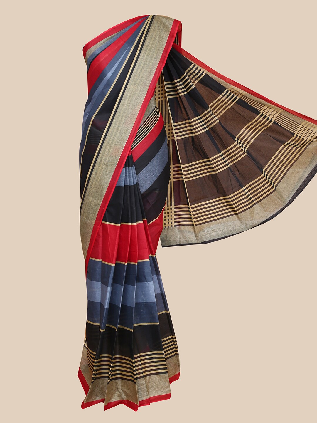 

The Chennai Silks Grey & Red Striped Pure Cotton Fusion Saree