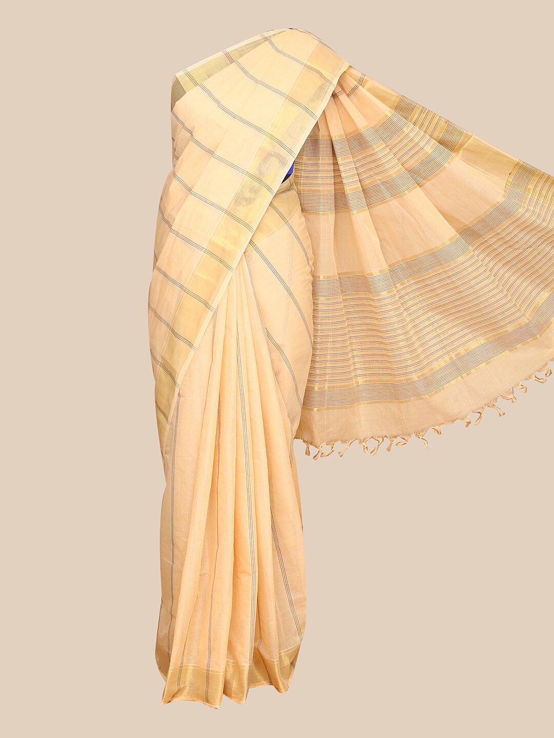 

The Chennai Silks Peach-Coloured & Gold-Toned Striped Zari Fusion Saree