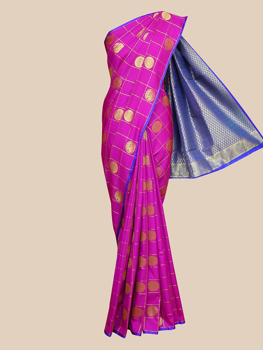 

The Chennai Silks Magenta Pink & Gold-Toned Checked Zari Art Silk Saree