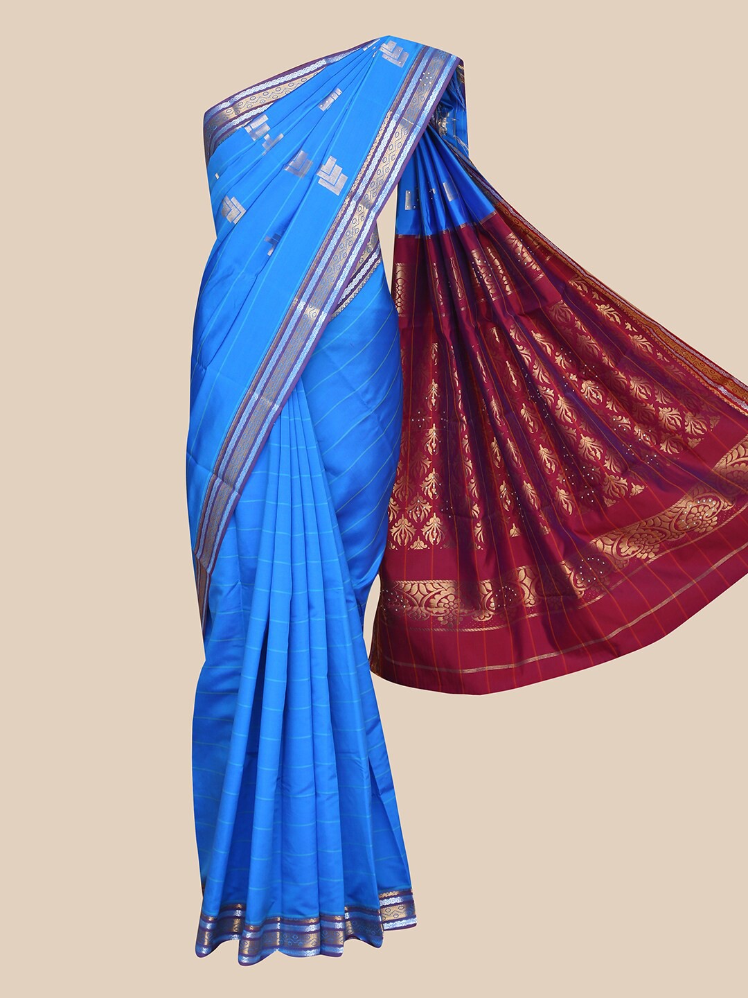 

The Chennai Silks Blue & Maroon Striped Beads and Stones Art Silk Fusion Saree