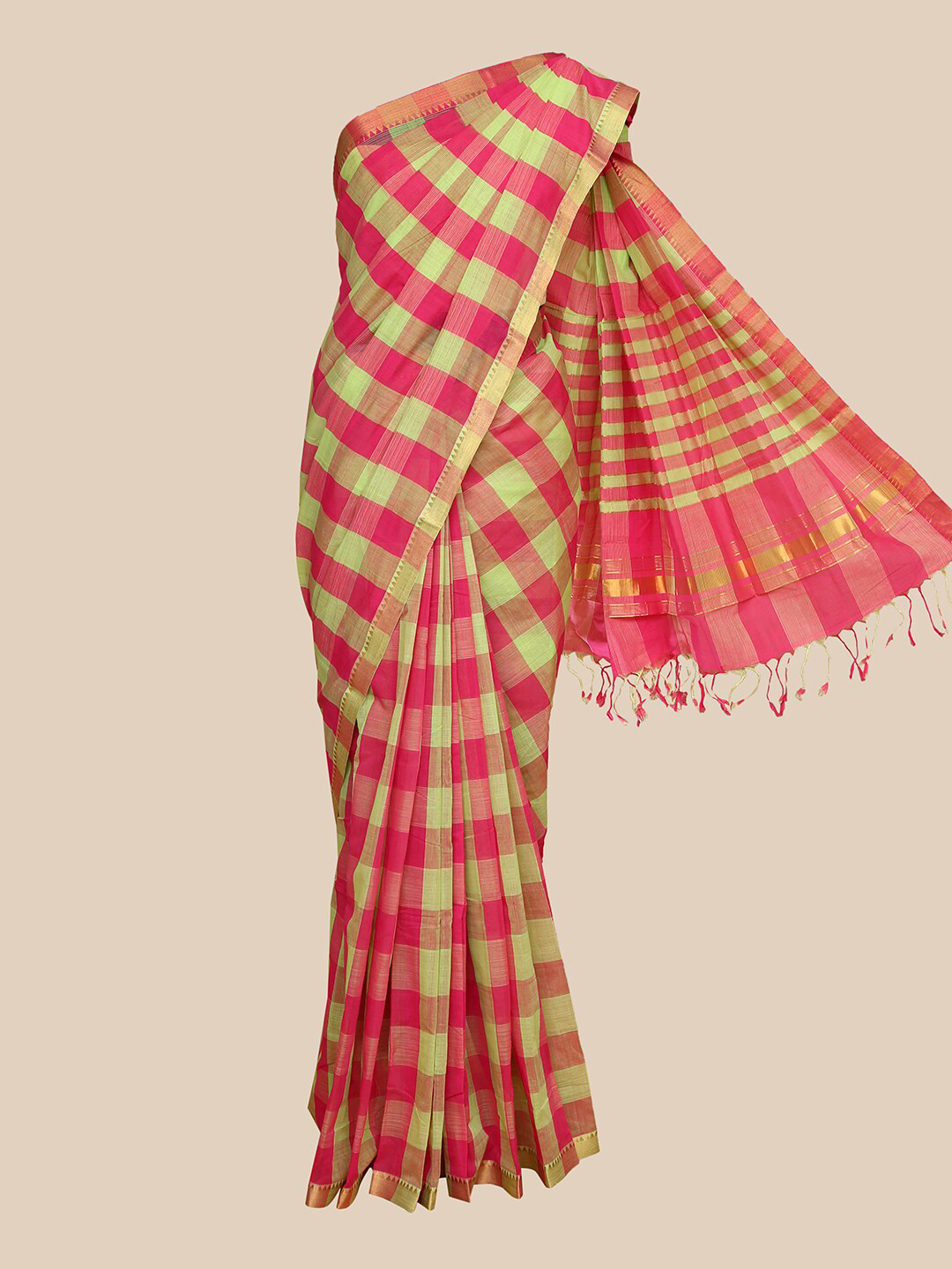 

The Chennai Silks Pink & Green Checked Kalyani Saree