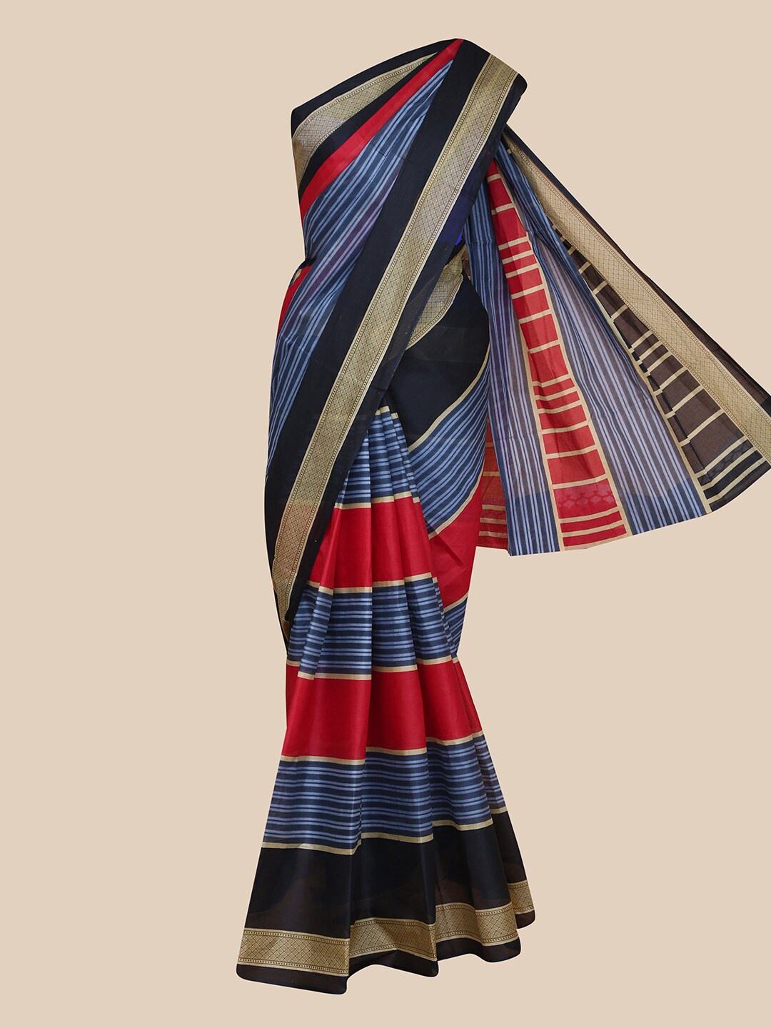 

The Chennai Silks Black & Red Striped Pure Cotton Saree