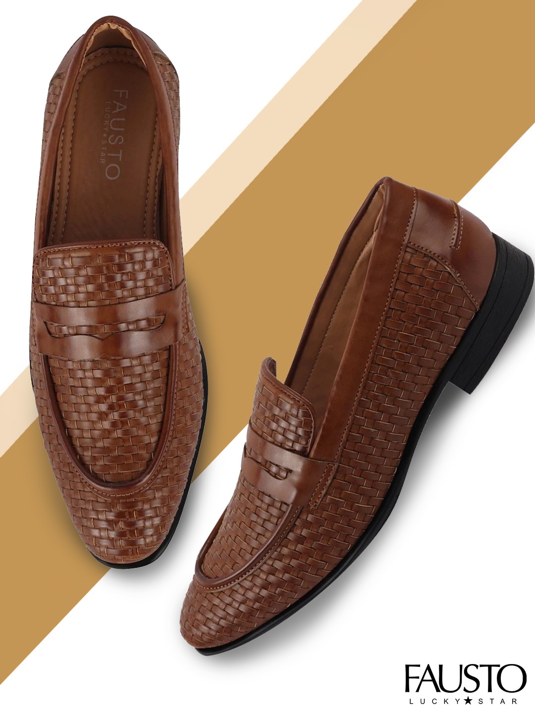 

FAUSTO Men Tan Woven Design Penny Loafers
