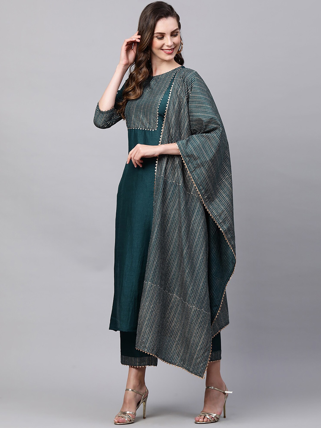 

Indo Era Women Blue Panelled Kurti with Trousers & With Dupatta