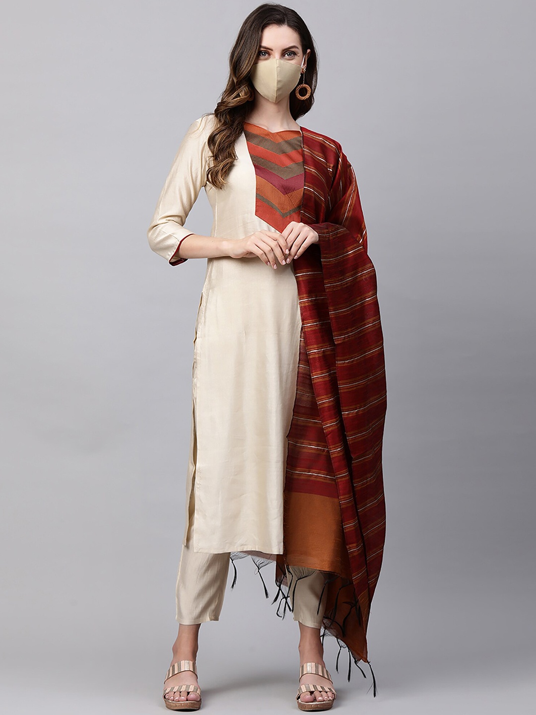 

Indo Era Women Cream-Coloured Kurta with Trousers & Dupatta