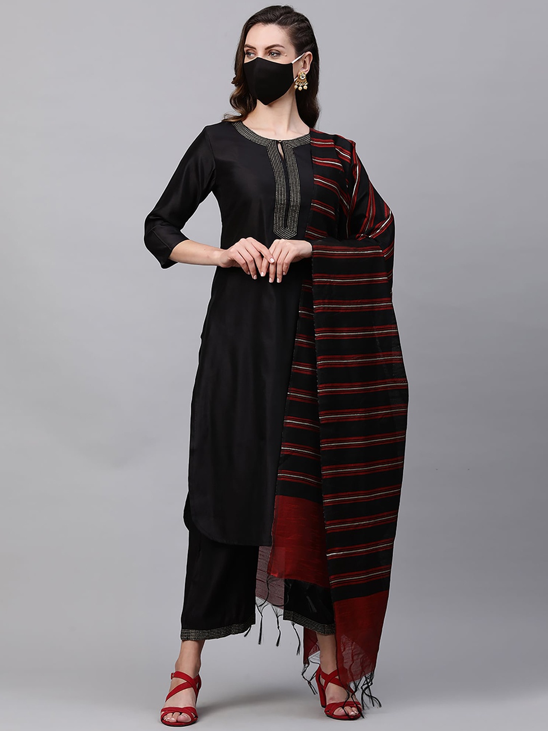 

Indo Era Women Black Yoke Design Kurta with Palazzos & With Dupatta
