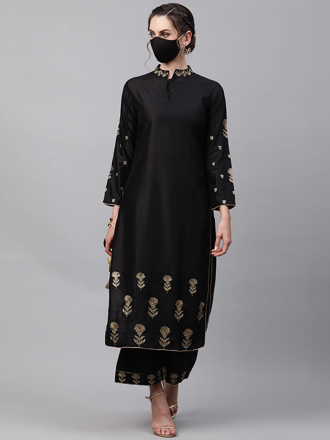 

Indo Era Women Black Ethnic Motifs Embroidered Kurti Palazzos With Mask