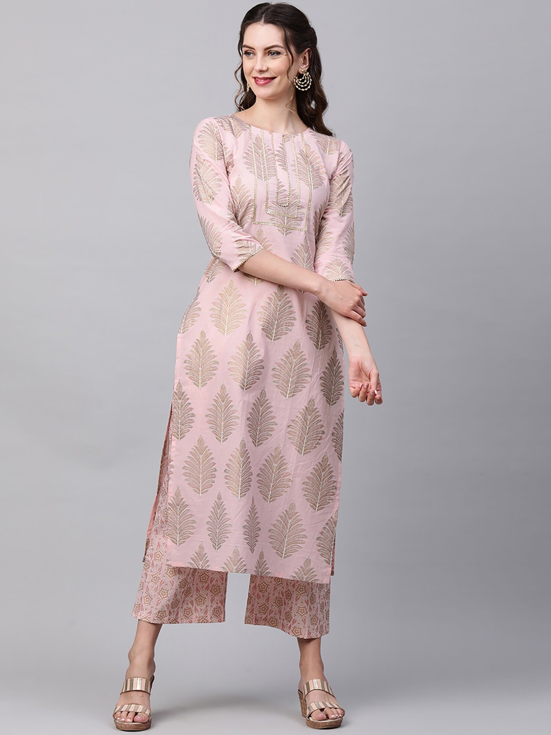 

Indo Era Women Pink Printed Regular Pure Cotton Kurta with Palazzos