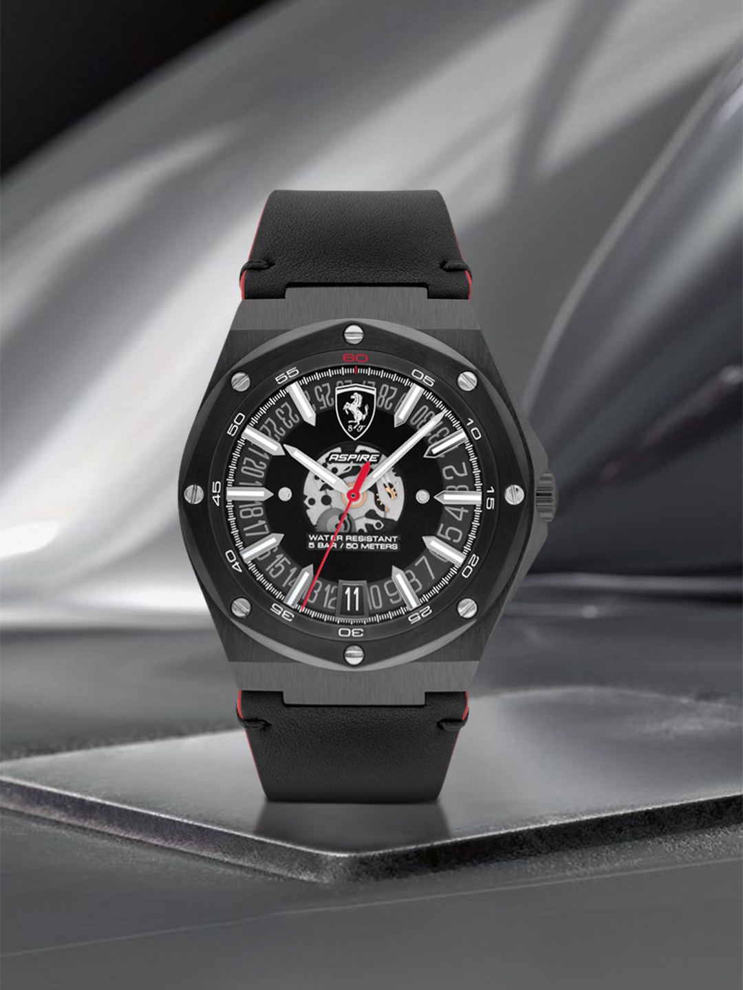 

SCUDERIA FERRARI Men Black Skeleton Dial & Black Leather Straps Analogue Watch 0830845