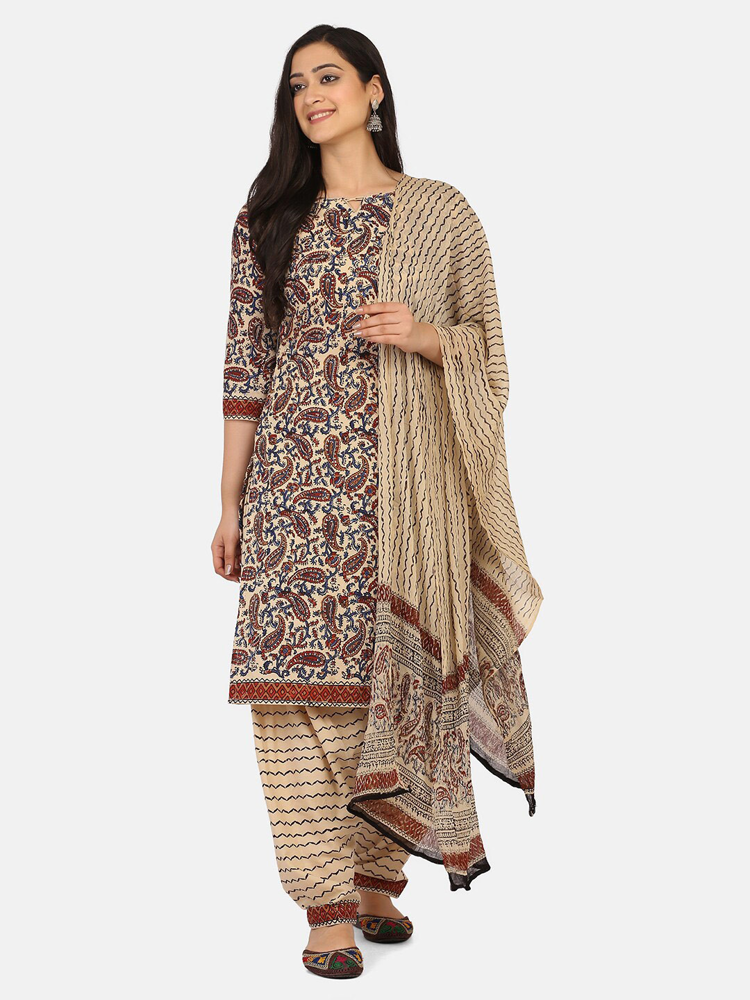 

Shaily Beige & Maroon Printed Unstitched Dress Material