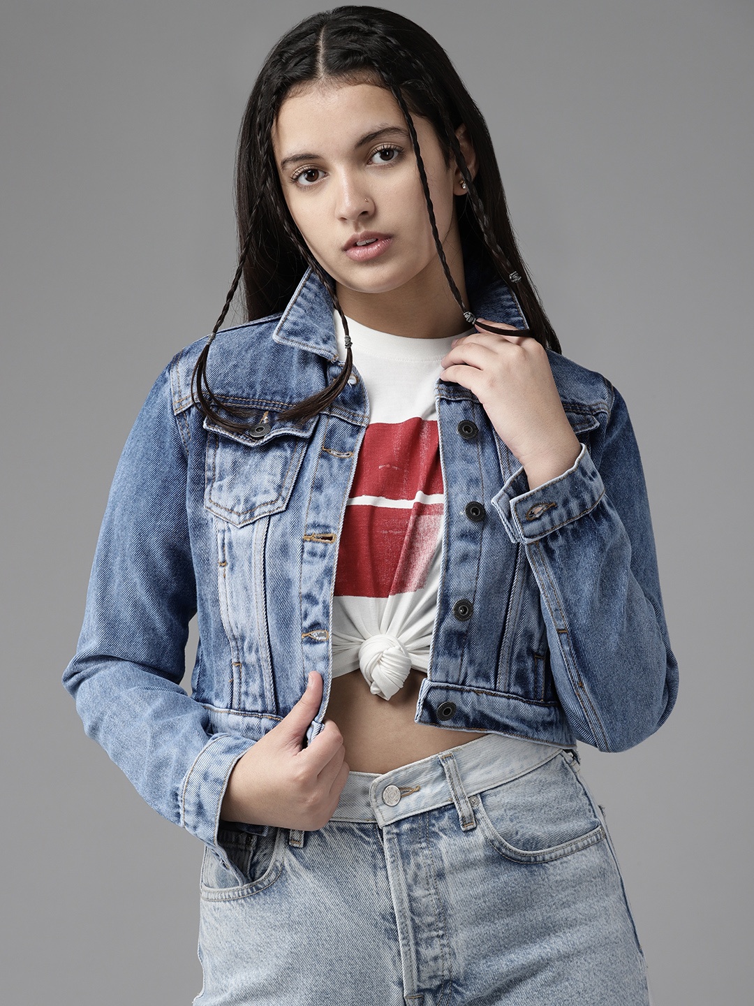 

UTH by Roadster Girls Blue Cotton Washed Crop Denim Jacket