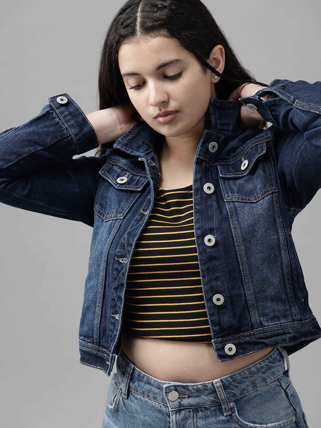 

UTH by Roadster Girls Navy Blue Cotton Washed Crop Denim Jacket