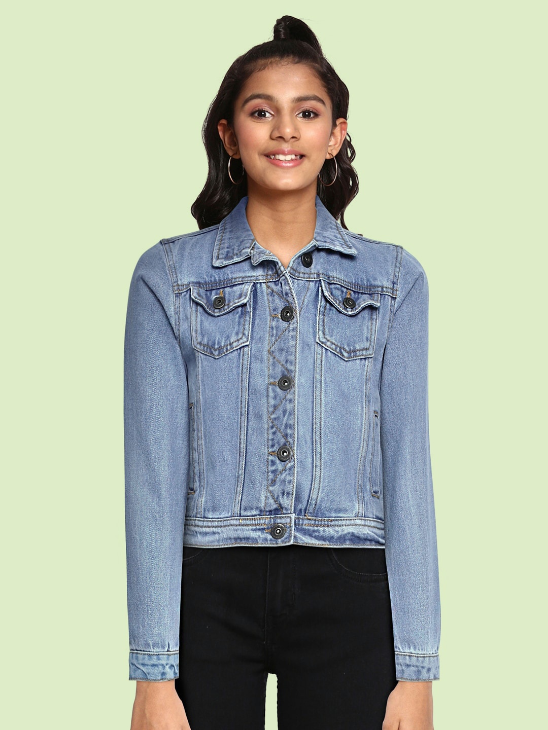 

UTH by Roadster Girls Blue Solid Pure Cotton Regular Denim Jacket