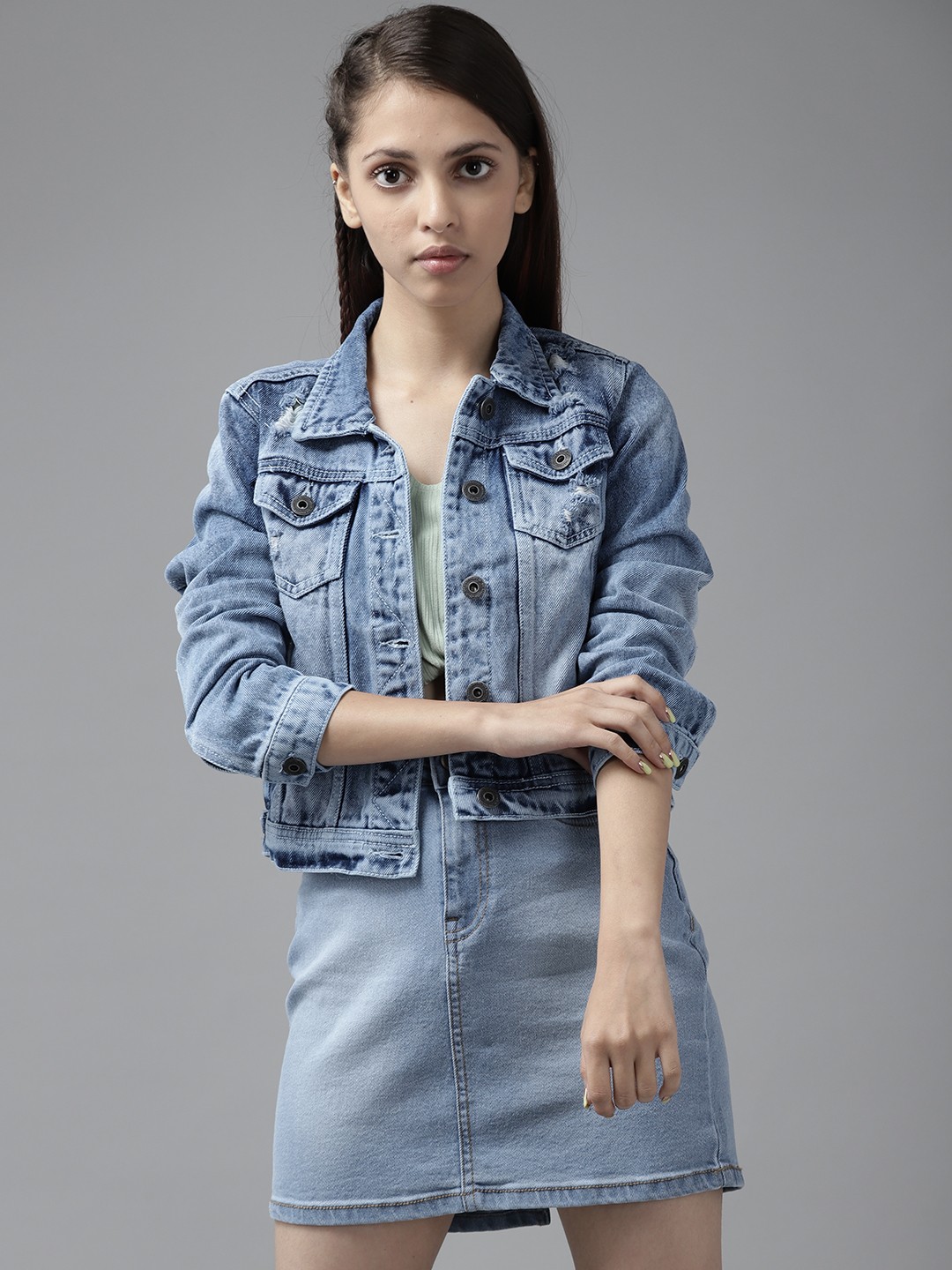 

UTH by Roadster Girls Blue Pure Cotton Washed Denim Jacket
