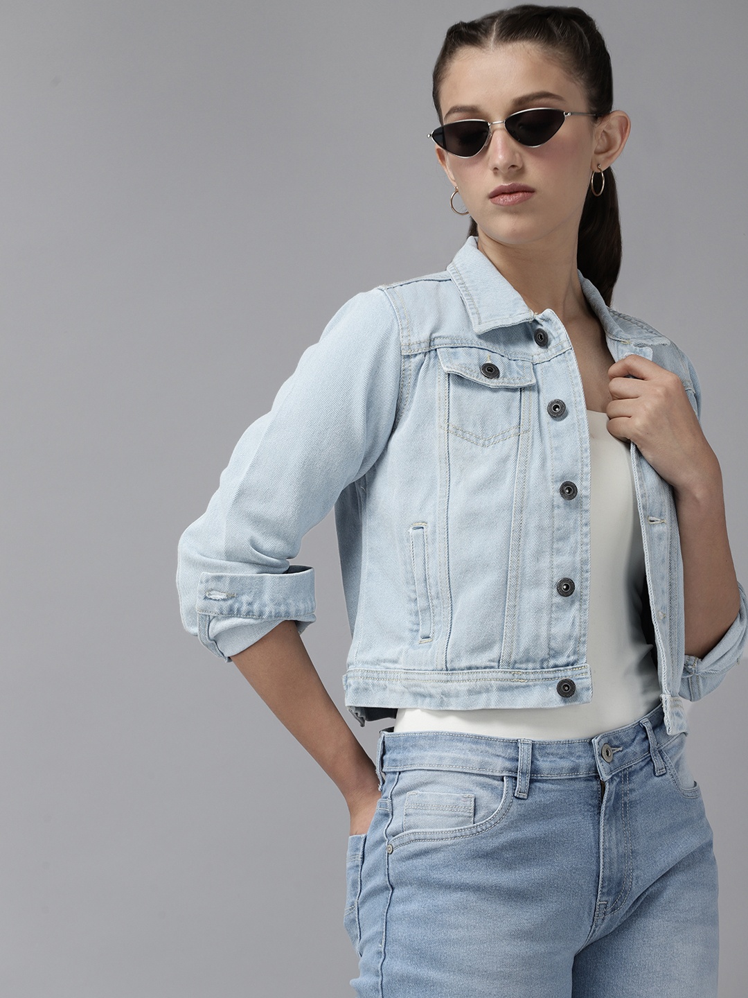 

UTH by Roadster Girls Blue Pure Cotton Solid Denim Jacket