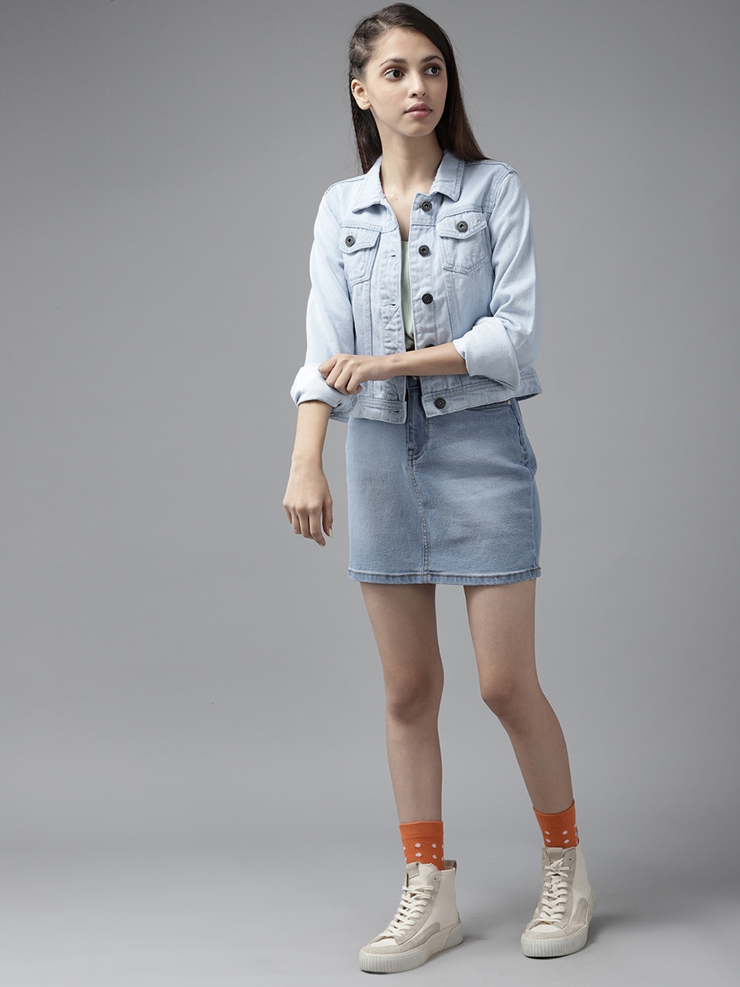 

UTH by Roadster Girls Blue Solid Pure Cotton Denim Jacket