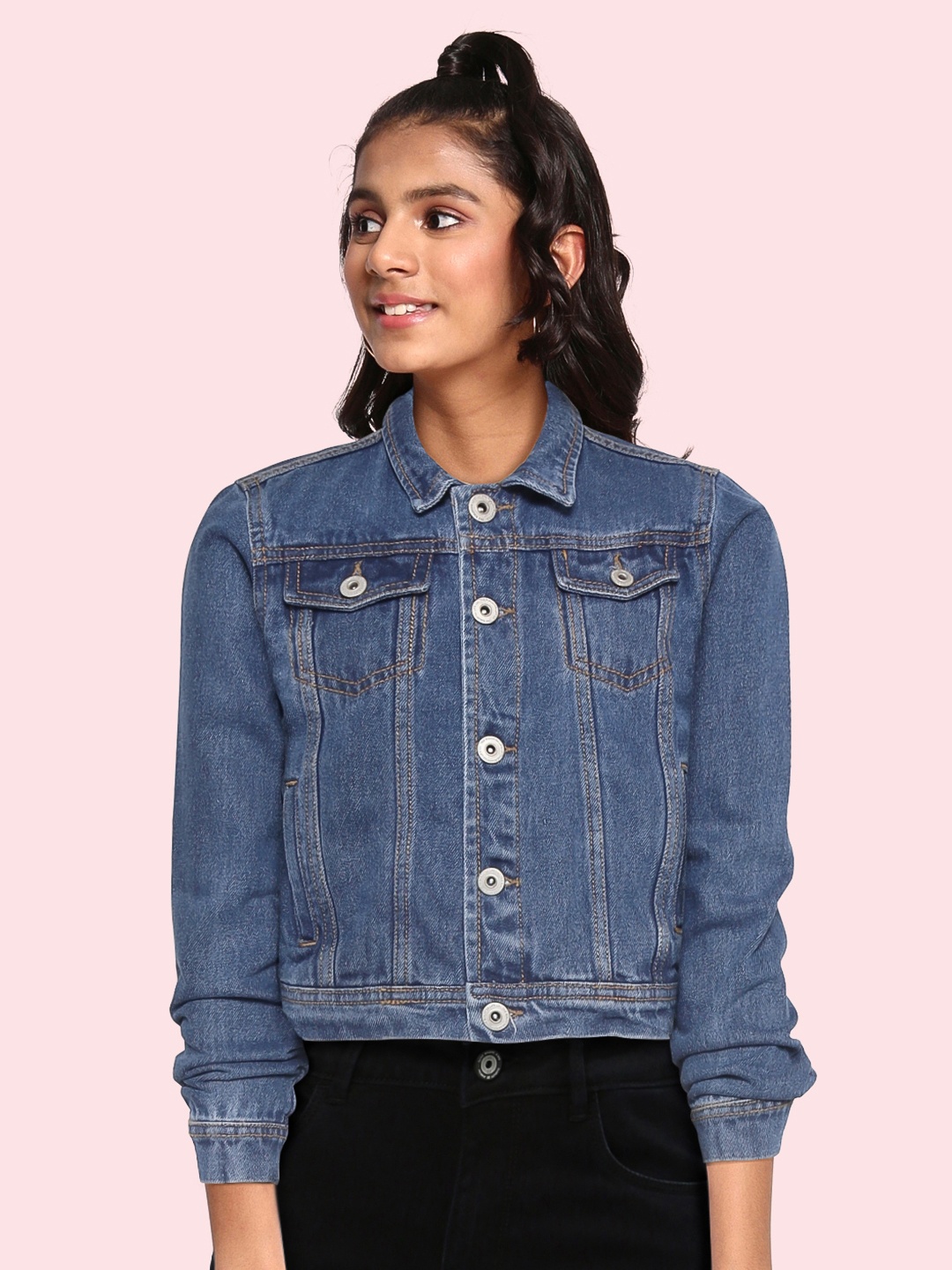 

UTH by Roadster Girls Blue Pure Cotton Solid Denim Jacket