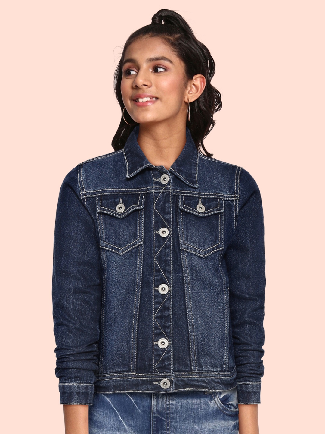 

UTH by Roadster Girls Navy Blue Pure Cotton Washed Denim Jacket