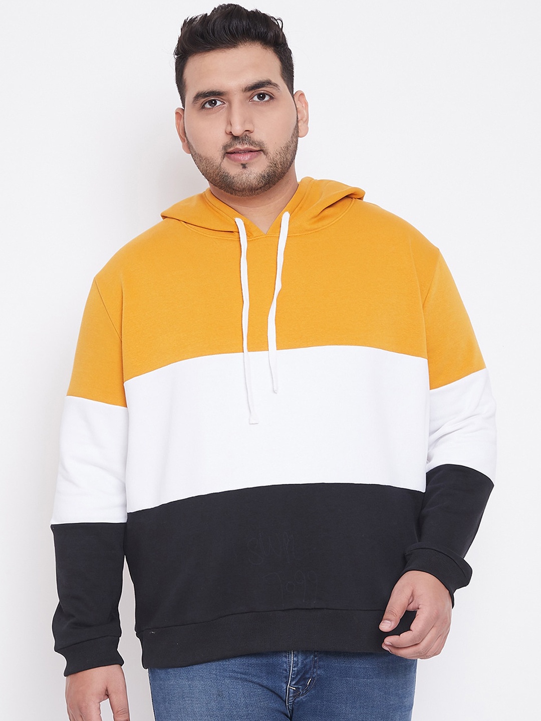 

Instafab Plus Men Mustard Colourblocked Hooded Sweatshirt