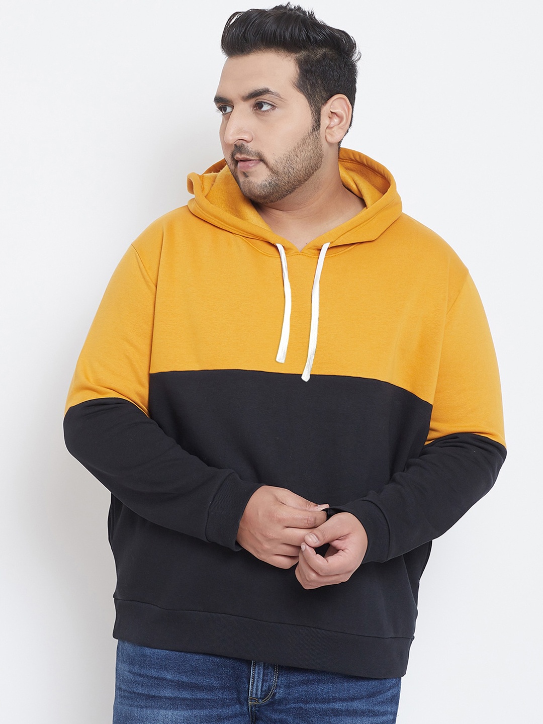 

Instafab Plus Men Mustard& Black Colourblocked Hooded Sweatshirt