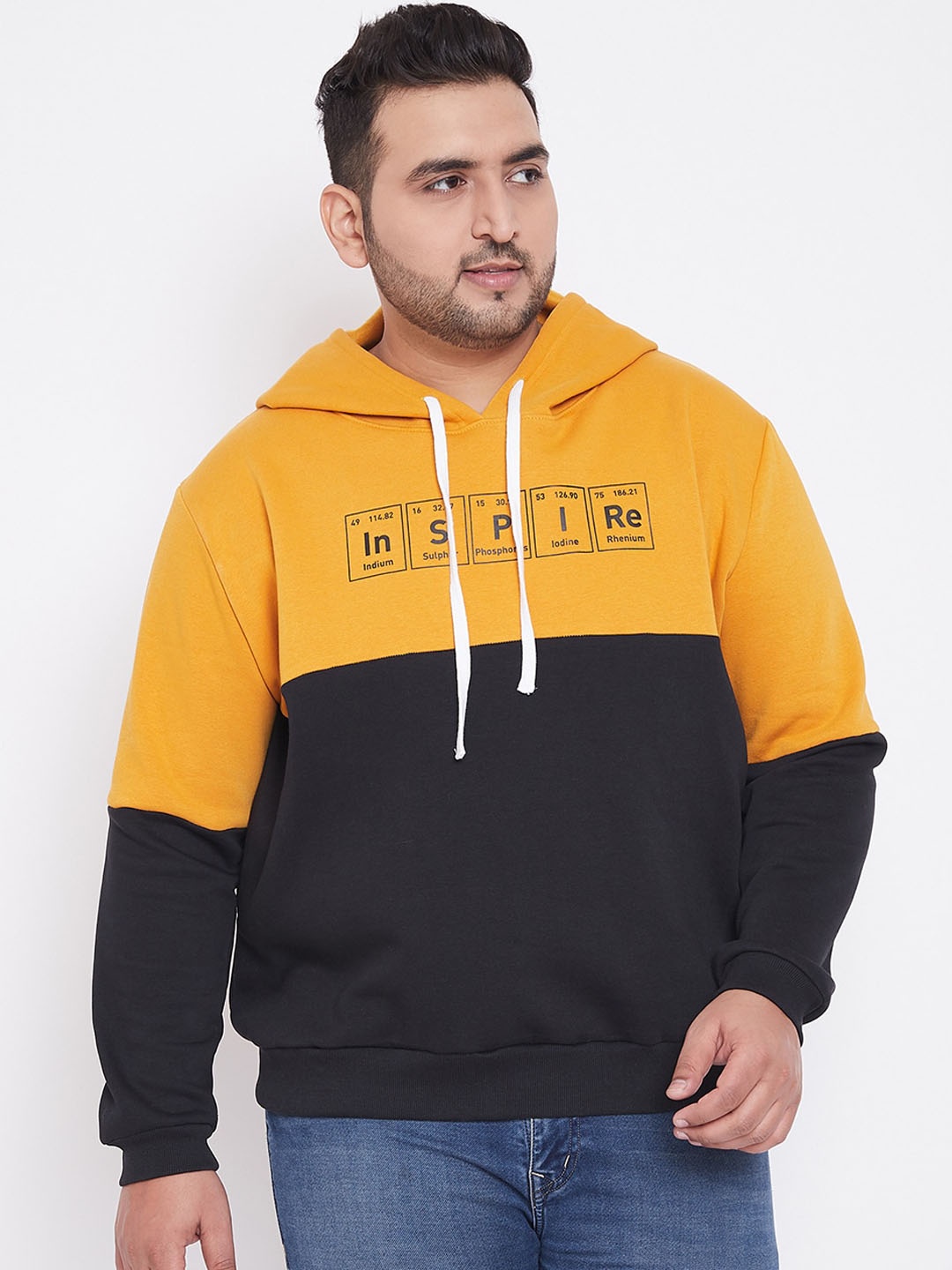 

Instafab Plus Men Mustard Colourblocked Hooded Sweatshirt