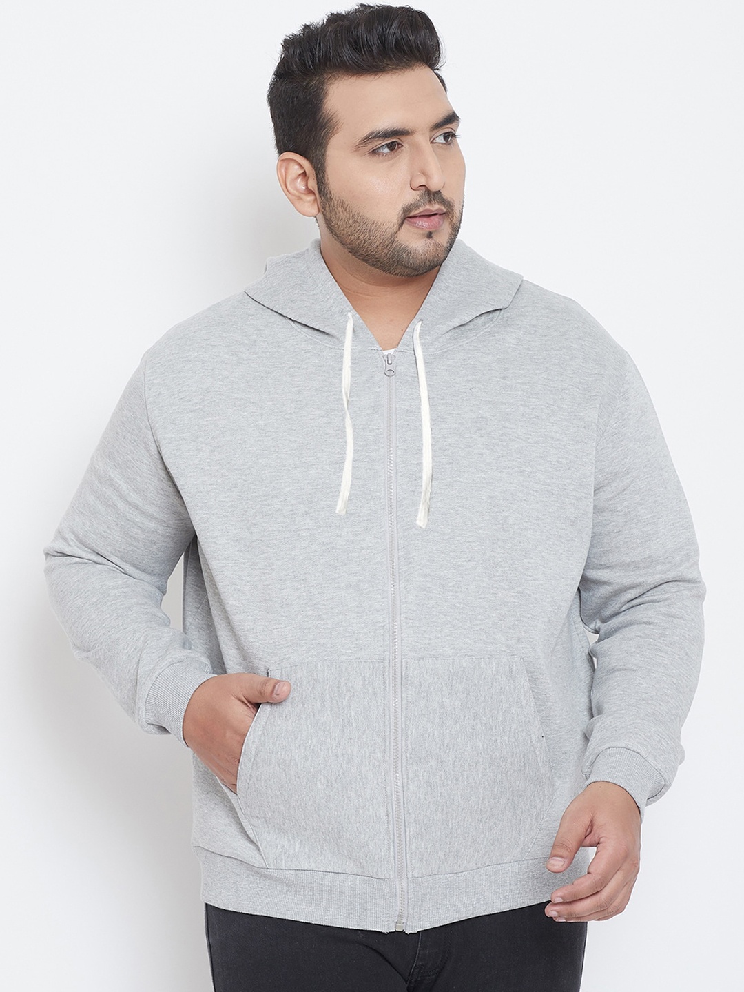 

Instafab Plus Men Grey Solid Hooded Sweatshirt