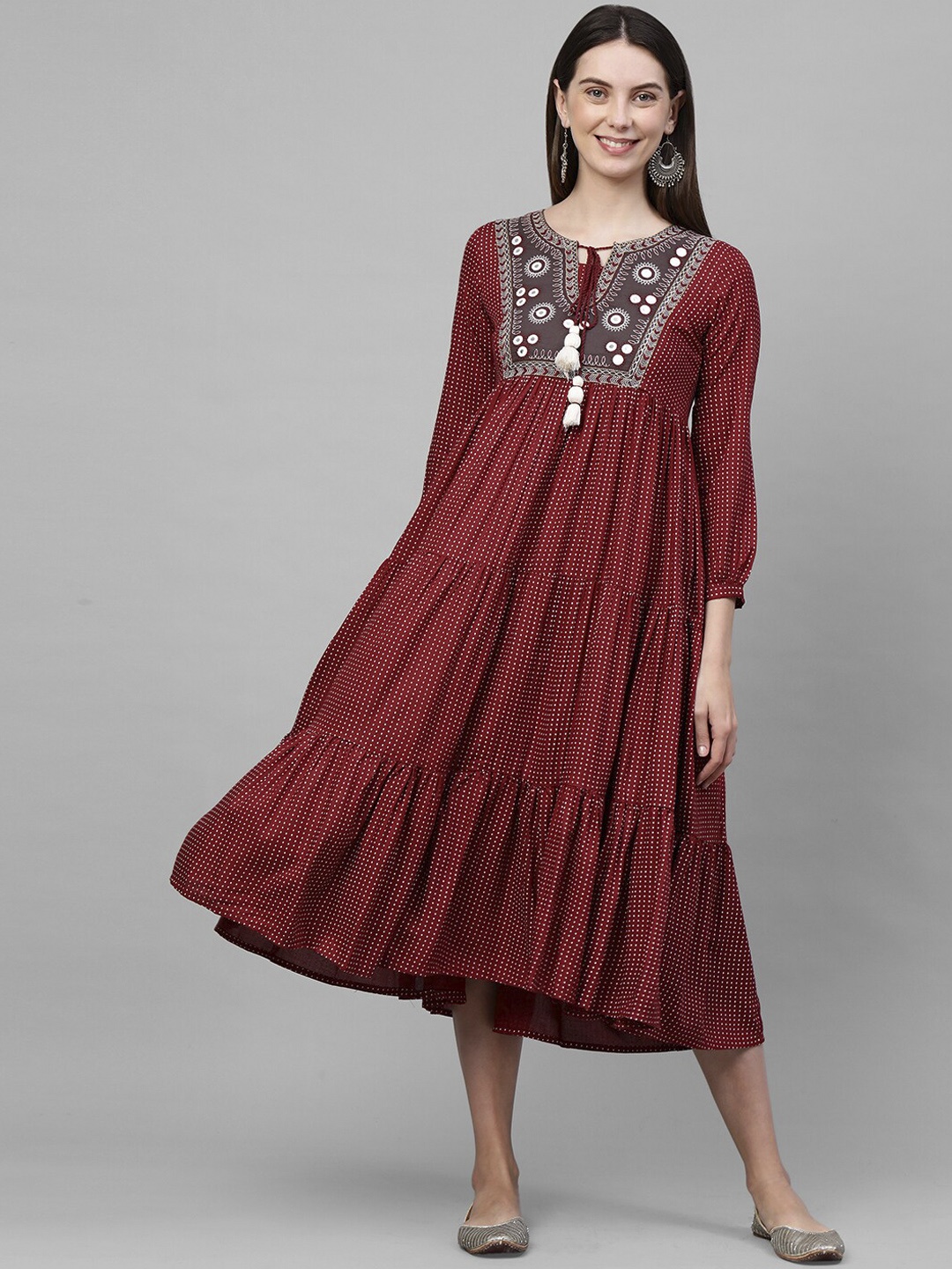 

FASHOR Women Maroon Kari Printed & Hand Embroidered Tiered Flare Maxi Dress