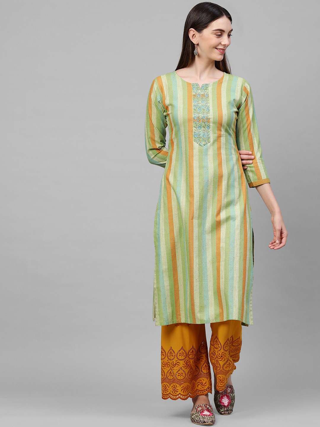 

FASHOR Women Olive And Brown Striped Kurta
