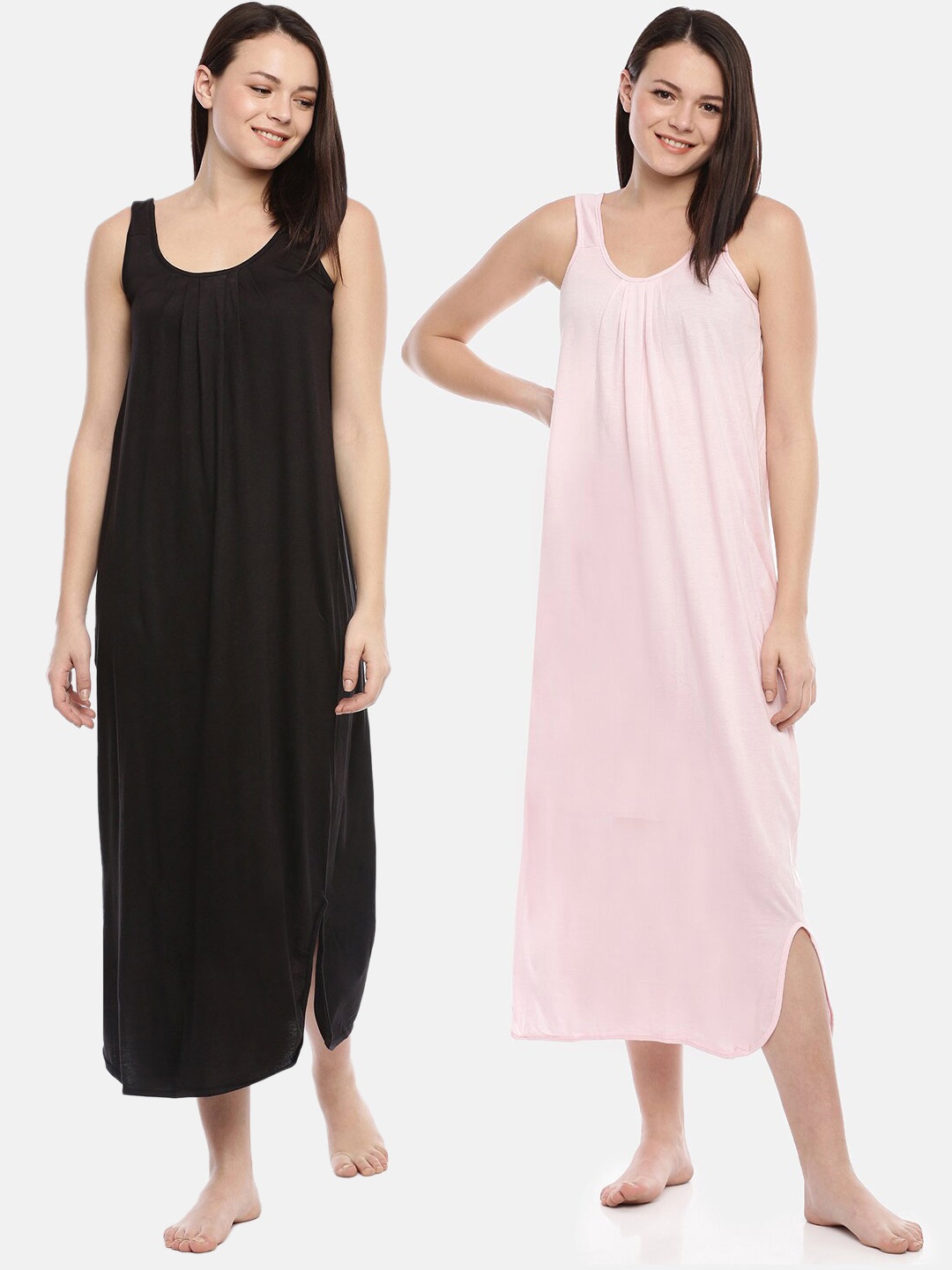 

GOLDSTROMS Women Pack Of 2 Black & Pink Sleeveless Midi Nightdress