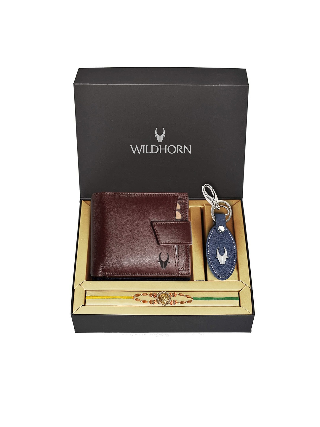 

WildHorn Maroon Genuine Leather Wallet and Blue Keychain with Rakhi Combo Gift Set