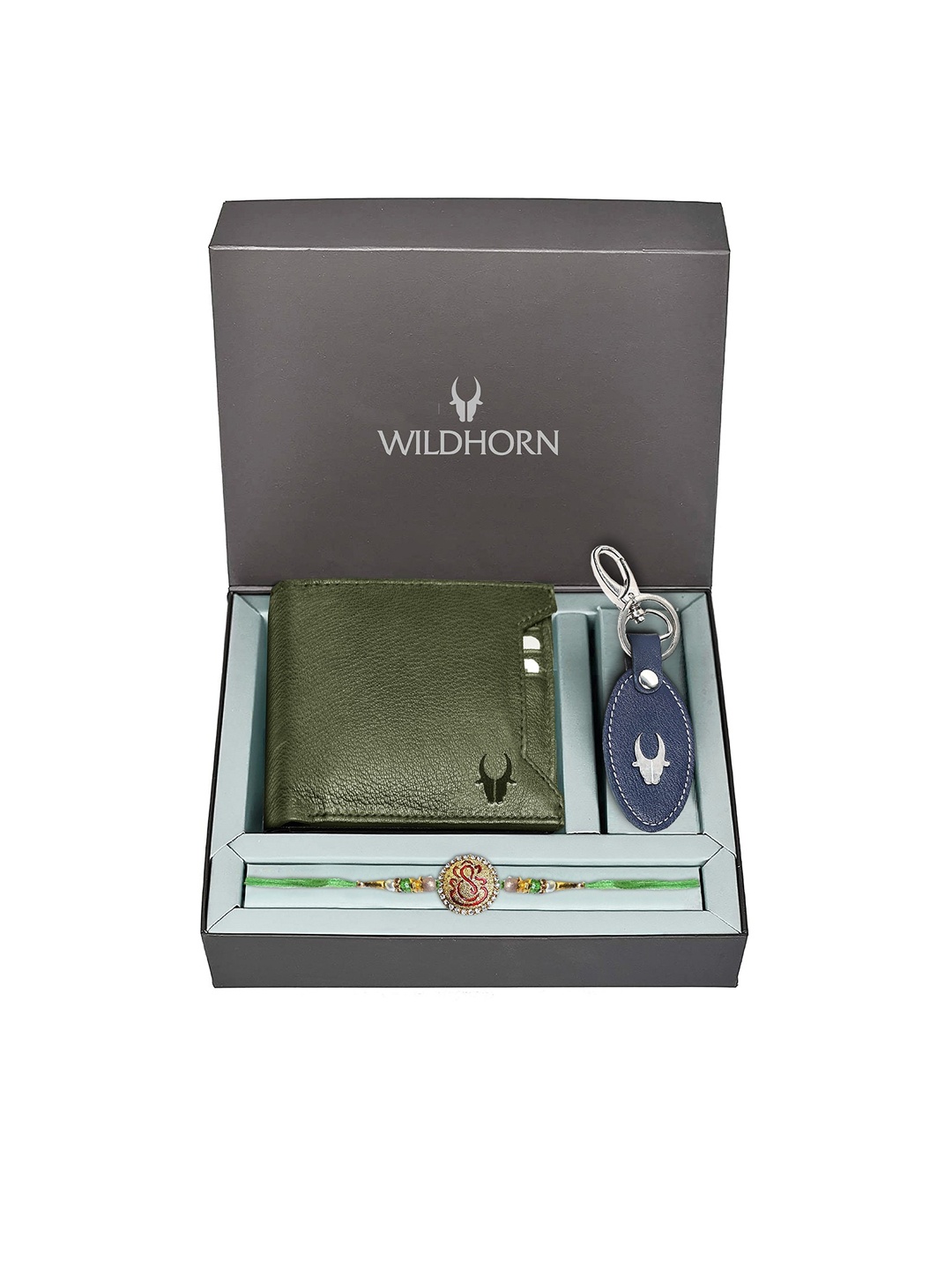 

WildHorn Green Leather Wallet and Blue Keychain with Rakhi Combo Gift Set