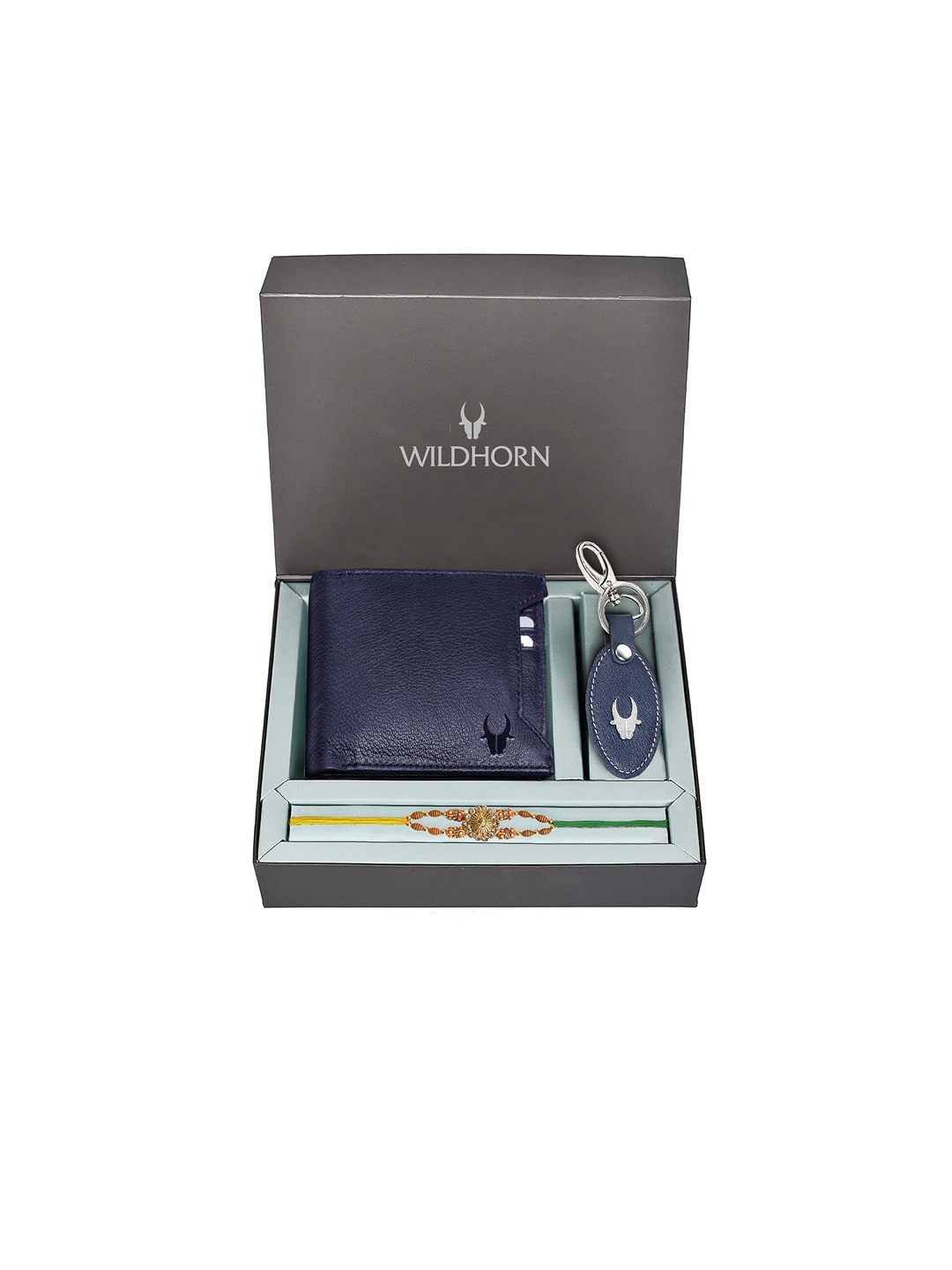 

WildHorn Blue Leather Wallet and Keychain with Rakhi Combos Gift Set