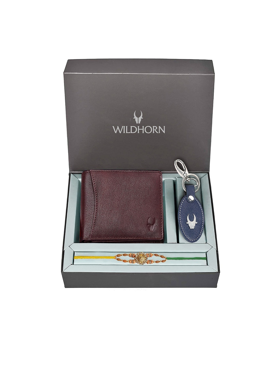 

WildHorn Maroon Leather Wallet and Blue Keychain with Rakhi Combo Gift Set