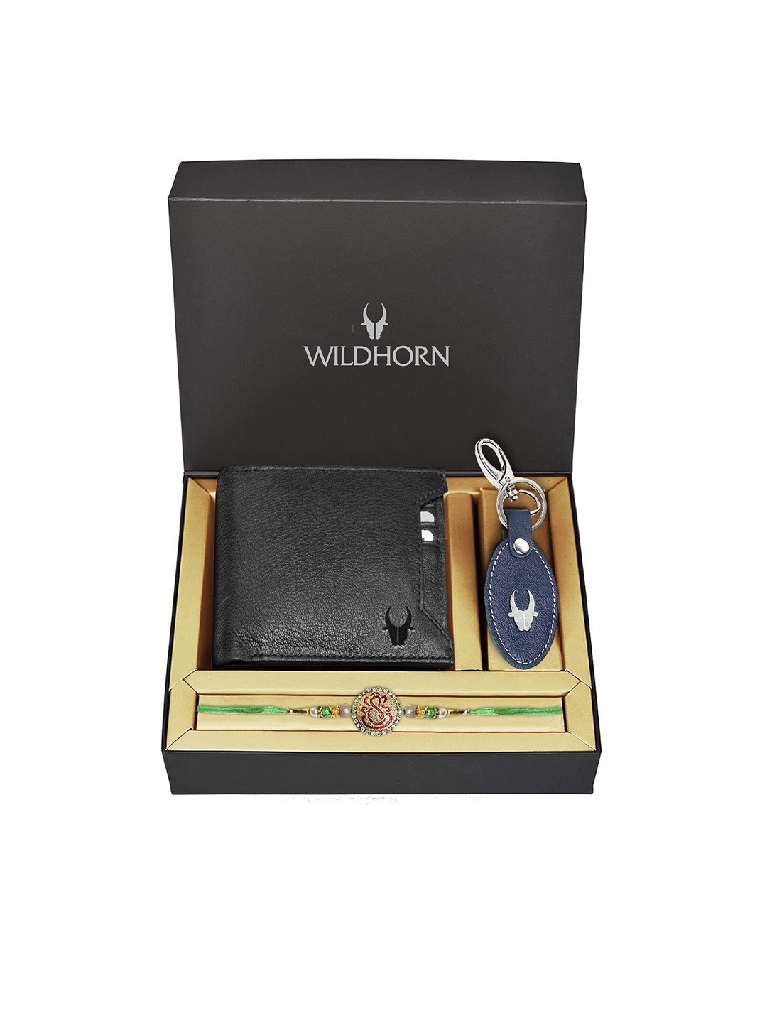 

WildHorn Black Leather Wallet and Blue Keychain with Rakhi Combo Gift Set