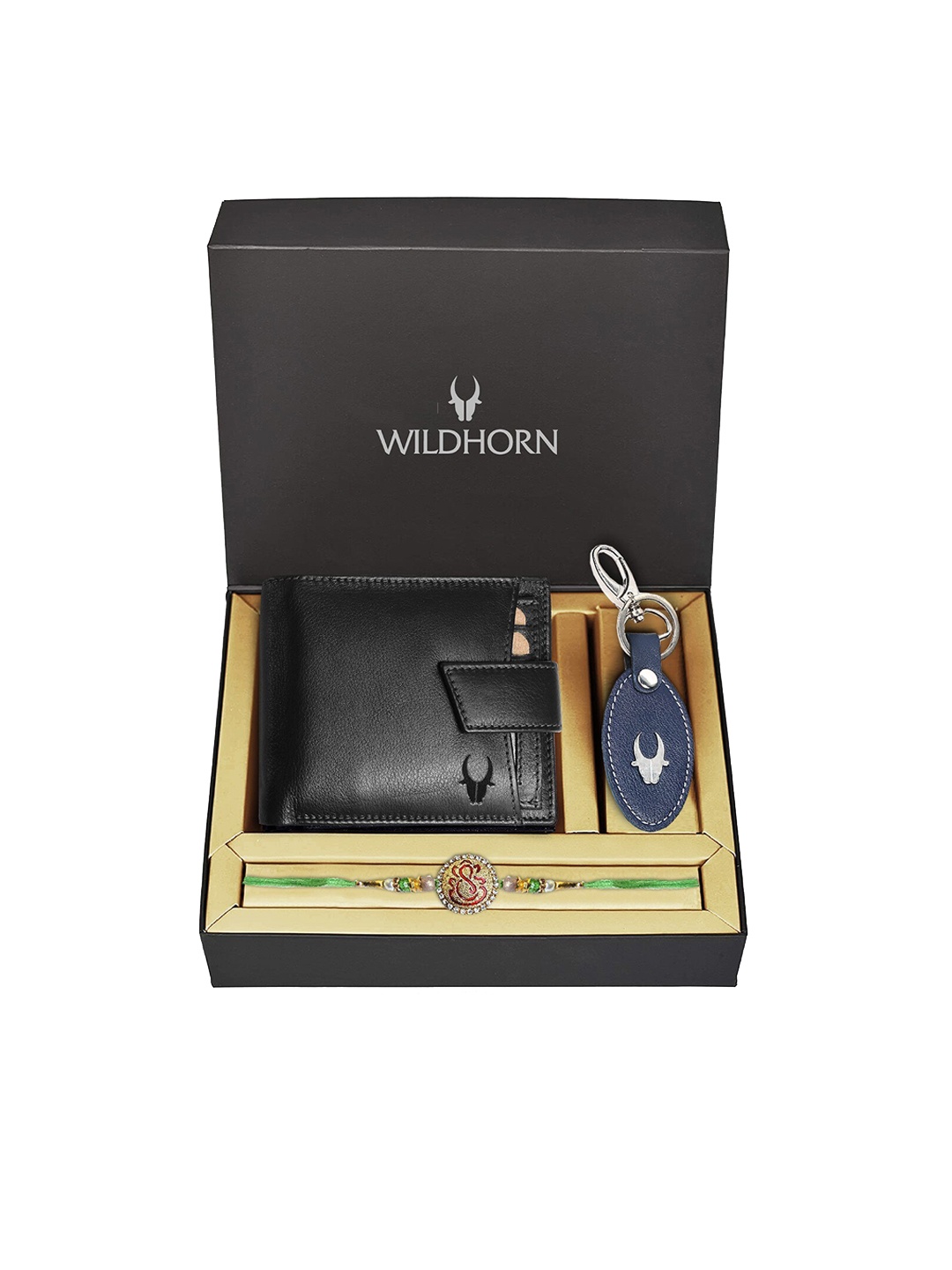 

WildHorn Black Leather Wallet and Blue Keychain with Rakhi Combo Gift Set