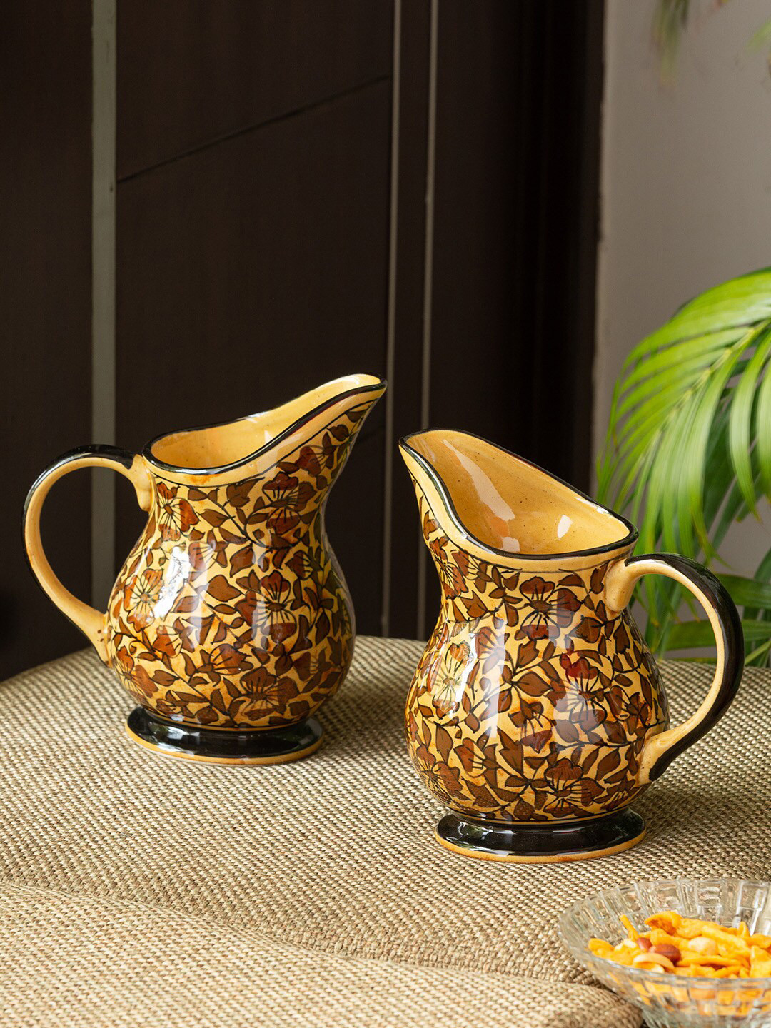 

ExclusiveLane Set Of 2 Mughal Floral Ceramic Milk Pitcher & Water Jugs - 610ml each, Brown