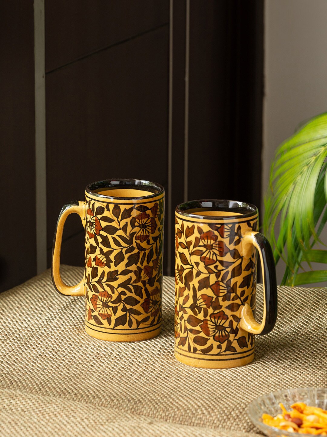 

ExclusiveLane Set Of 2 Brown & Yellow Handpainted Ceramic Beer Mugs And Glasses (460 ML)