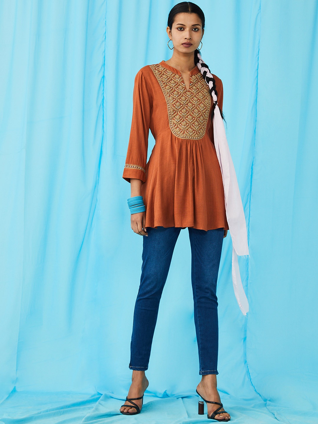 

Ritu Kumar Women Rust Orange & Beige Yoke Design A-Line Kurti